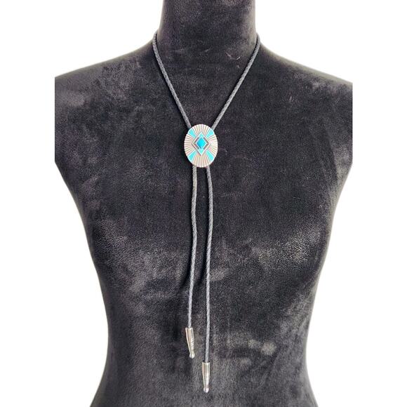 Unbranded Other - Western Bolo Tie Silver Tone Oval Slide Faux Turquoise Stone Look Black Braided